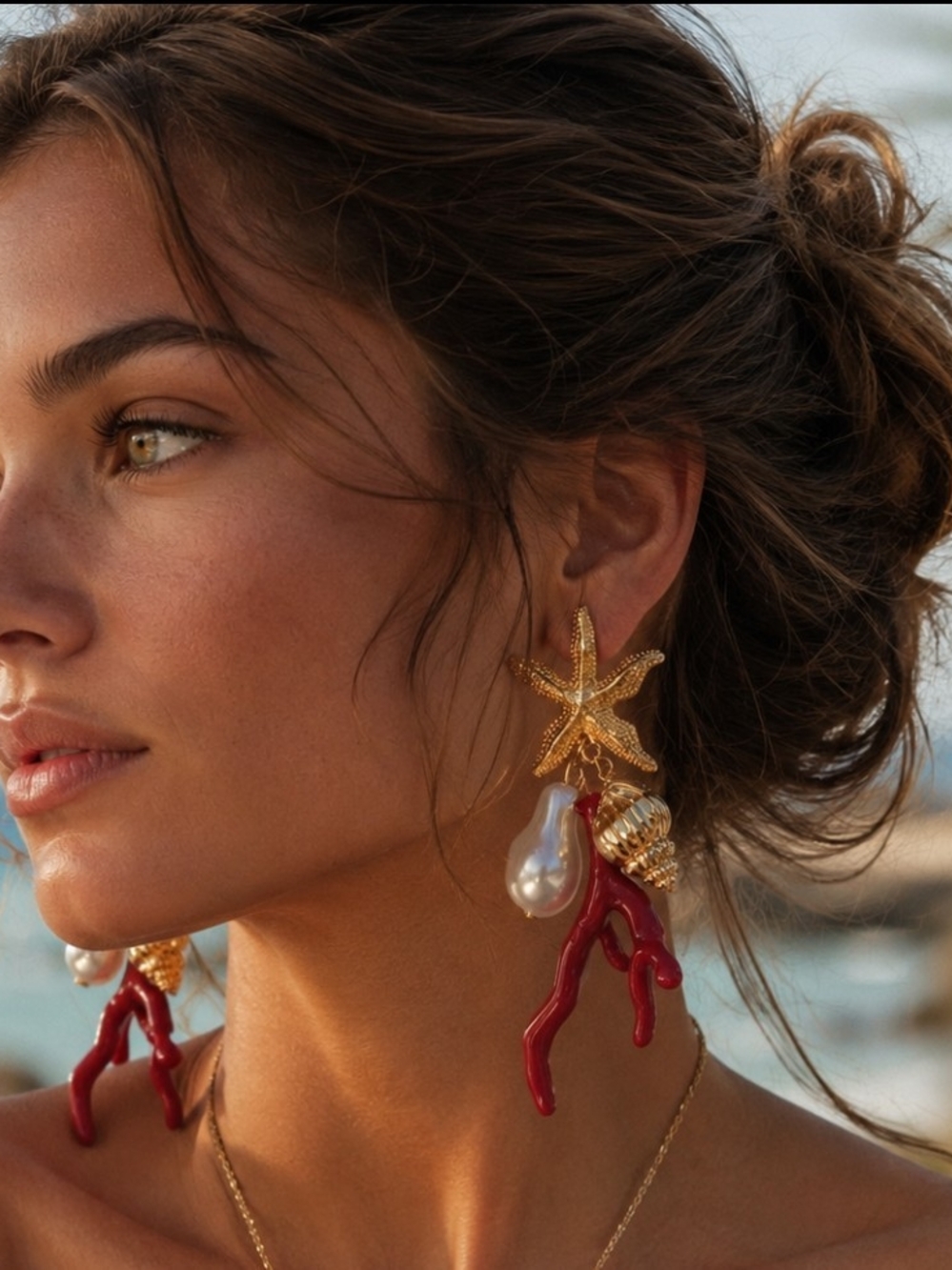 Gold Starfish Drop Earrings with Red Coral and Pearl Accent